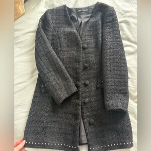 Zara Black Bouclé Long Blazer Coat with Stud Hem